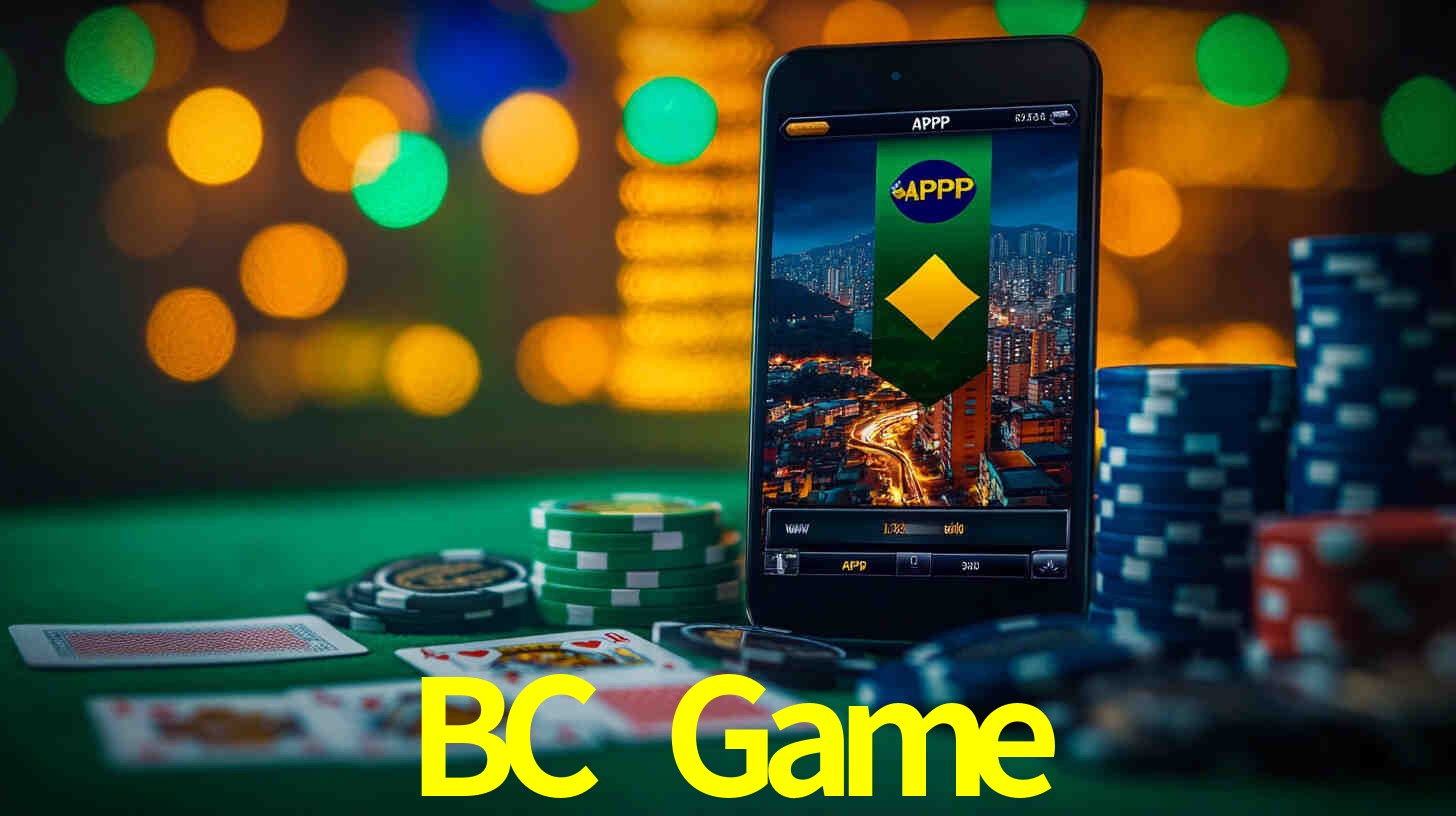 Escena dinámica inspirada en casino con iluminación BC Game, cartas, fichas e íconos de juegos digitales en un espacio moderno de juegos.