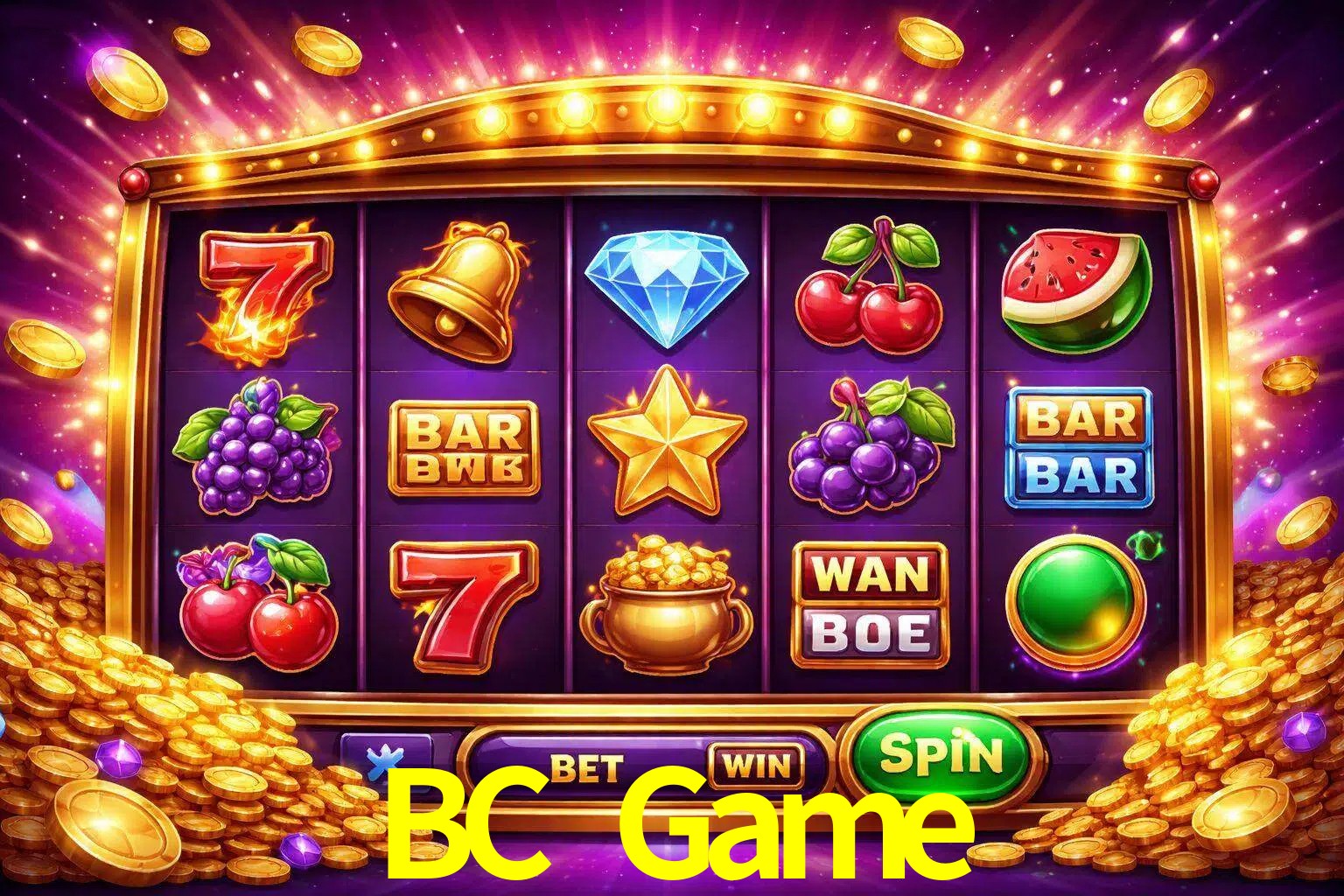 Una interfaz colorida de tragamonedas en línea con símbolos brillantes, monedas y un efecto de victoria celebratoria en BC Game.