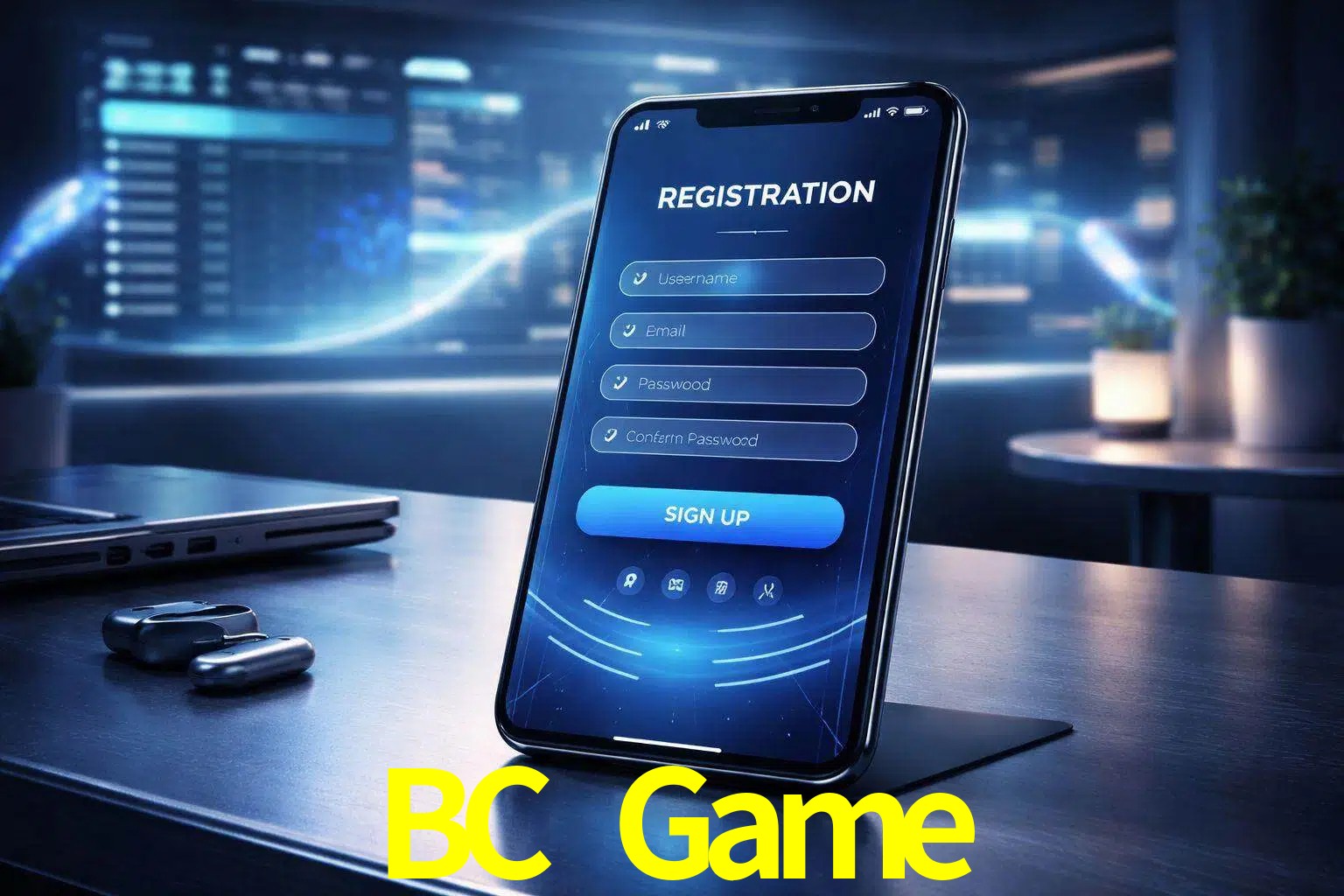 Una interfaz moderna de registro móvil para BC Game mostrada en un smartphone con un panel de apuestas elegante.